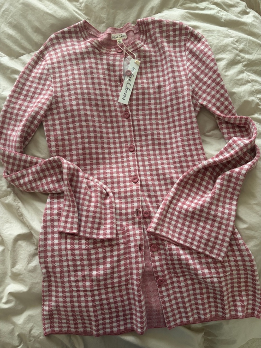 For Love & Lemons Pink and White Gingham Knit Cardigan